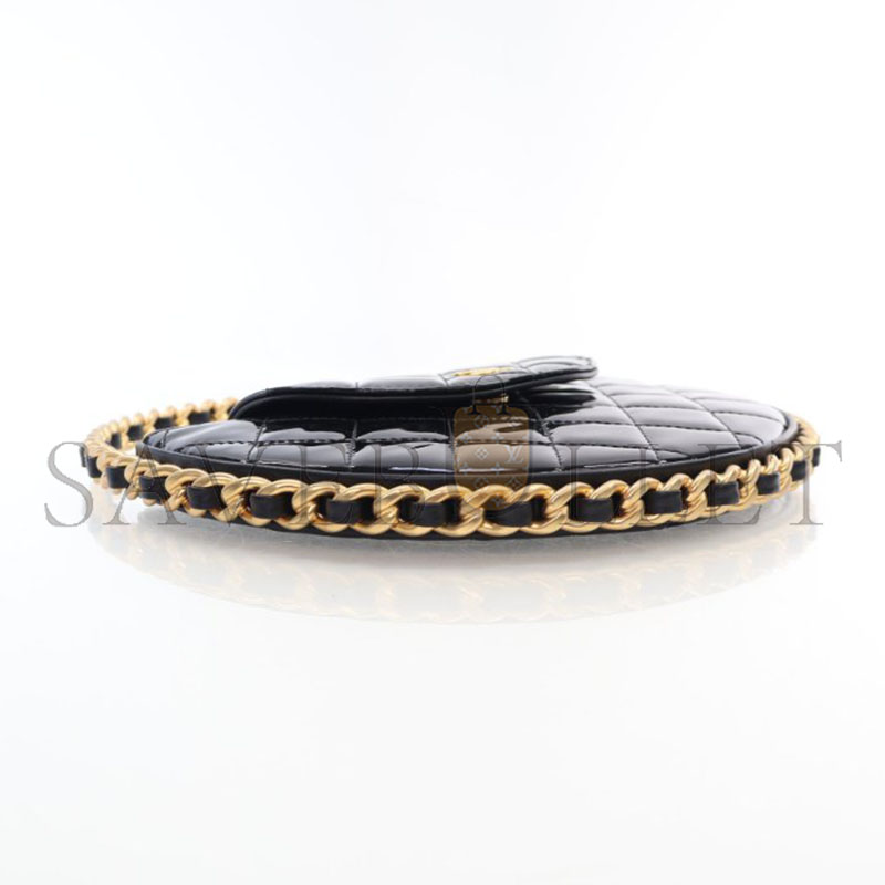 CHANEL PATENT CALFSKIN QUILTED CHAIN HOOP BAG BLACK AP3585 (23*23*3cm)